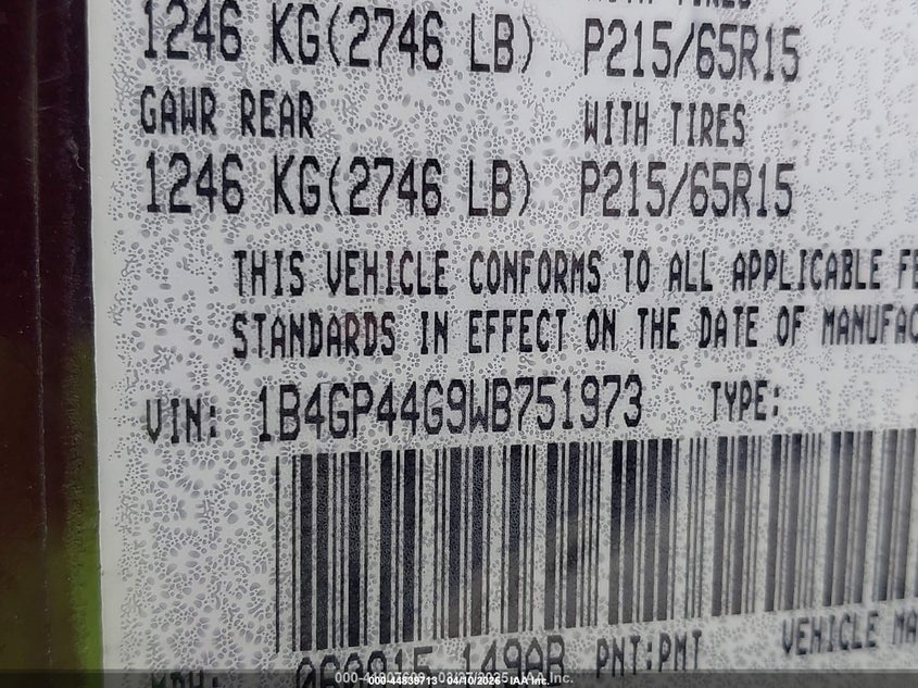 1998 Dodge Grand Caravan Se VIN: 1B4GP44G9WB751973 Lot: 44839713