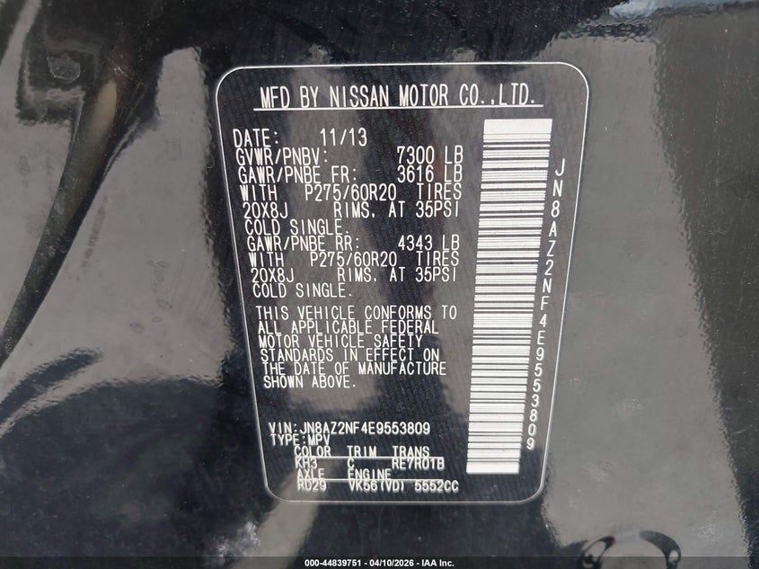 2014 Infiniti Qx80 VIN: JN8AZ2NF4E9553809 Lot: 44839751
