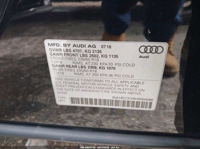 2017 Audi Q3 2.0T Premium VIN: WA1BCCFS5HR004086 Lot: 44839755