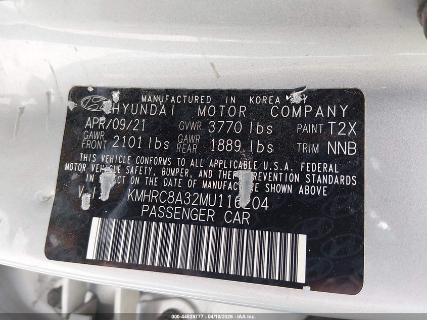 2021 Hyundai Venue Sel VIN: KMHRC8A32MU116204 Lot: 44839777