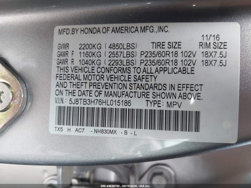 2017 Acura Rdx Advance Package VIN: 5J8TB3H76HL015186 Lot: 44839780