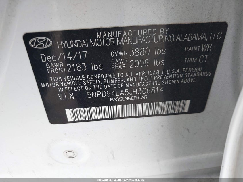 VIN 5NPD94LA5JH306814 2018 HYUNDAI ELANTRA ECO