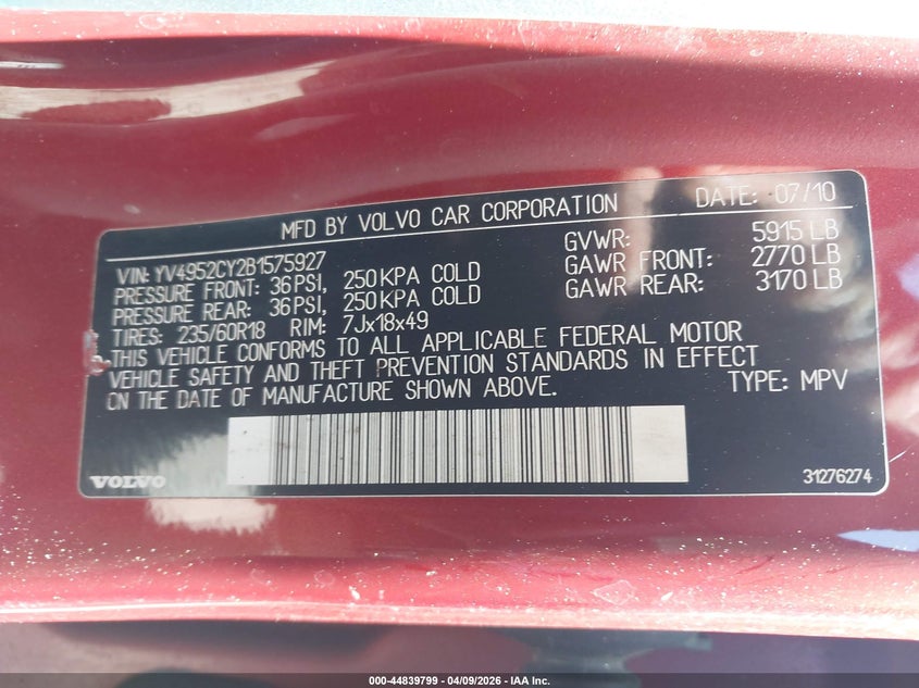 2011 Volvo Xc90 3.2 VIN: YV4952CY2B1575927 Lot: 44839799