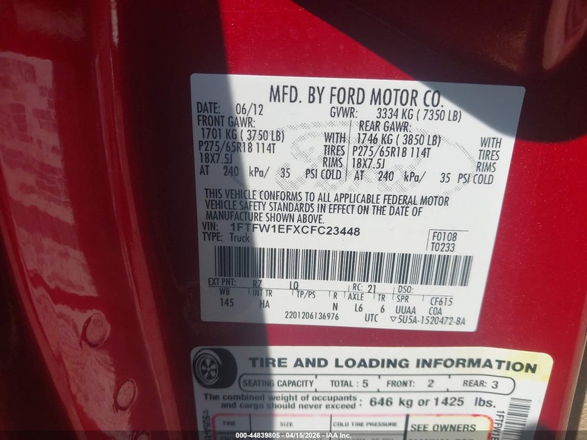 2012 Ford F-150 Lariat VIN: 1FTFW1EFXCFC23448 Lot: 44839805