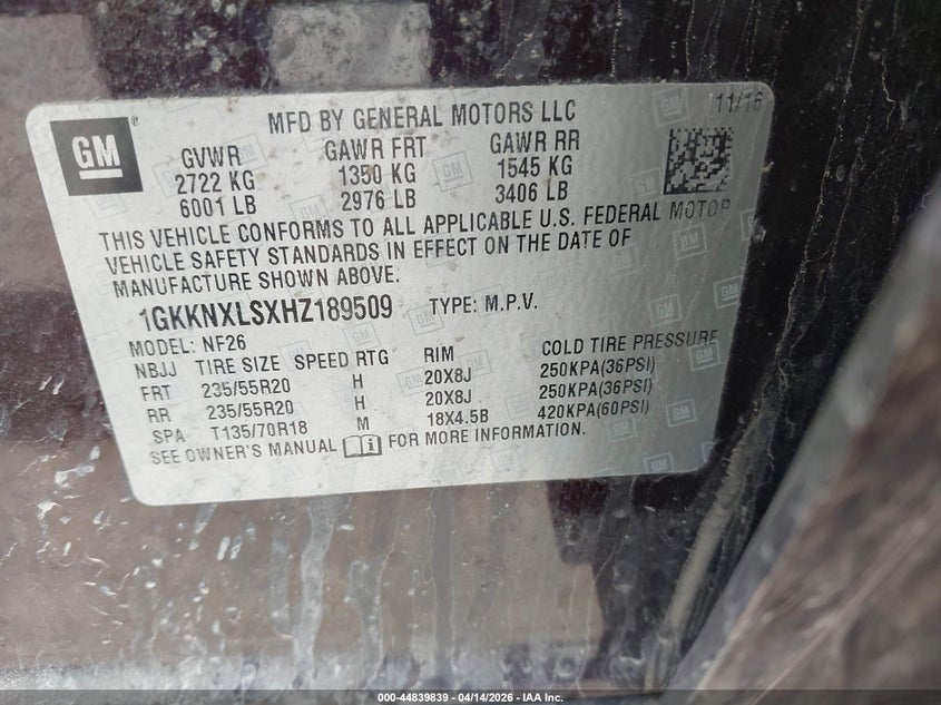 2017 GMC Acadia Denali VIN: 1GKKNXLSXHZ189509 Lot: 44839839