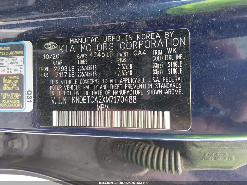 2021 Kia Seltos Sx Turbo VIN: KNDETCA2XM7170488 Lot: 44839857