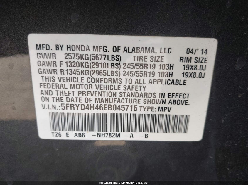 2014 Acura Mdx Technology Package VIN: 5FRYD4H46EB045716 Lot: 44839862