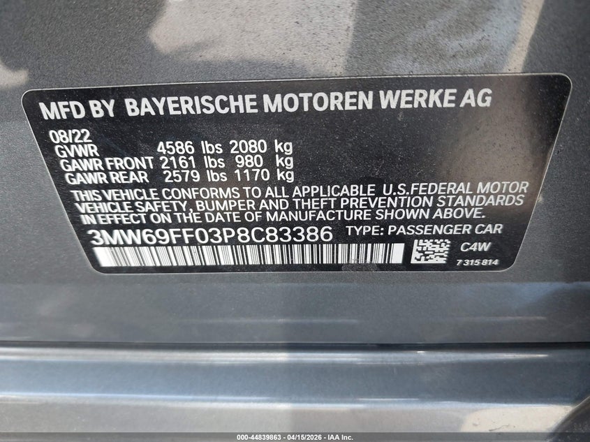 2023 BMW 330I VIN: 3MW69FF03P8C83386 Lot: 44839863