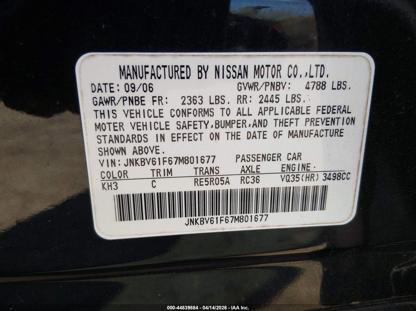 2007 Infiniti G35X VIN: JNKBV61F67M801677 Lot: 44839884