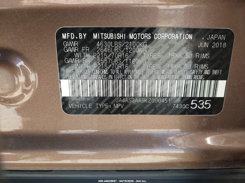 2019 Mitsubishi Eclipse Cross Es VIN: JA4AS3AA9KZ000451 Lot: 44839897