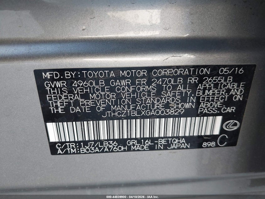 2016 Lexus Gs 350 VIN: JTHCZ1BLXGA003829 Lot: 44839900