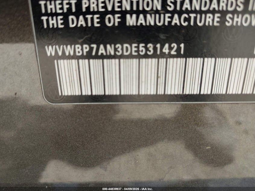 2013 Volkswagen Cc 2.0T Sport VIN: WVWBP7AN3DE531421 Lot: 44839937