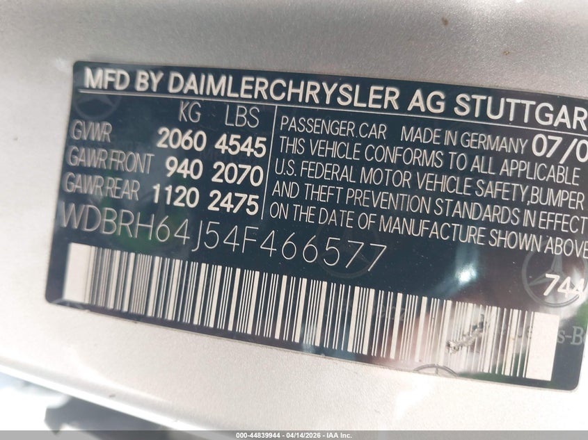 2004 Mercedes-Benz C 320 VIN: WDBRH64J54F466577 Lot: 44839944