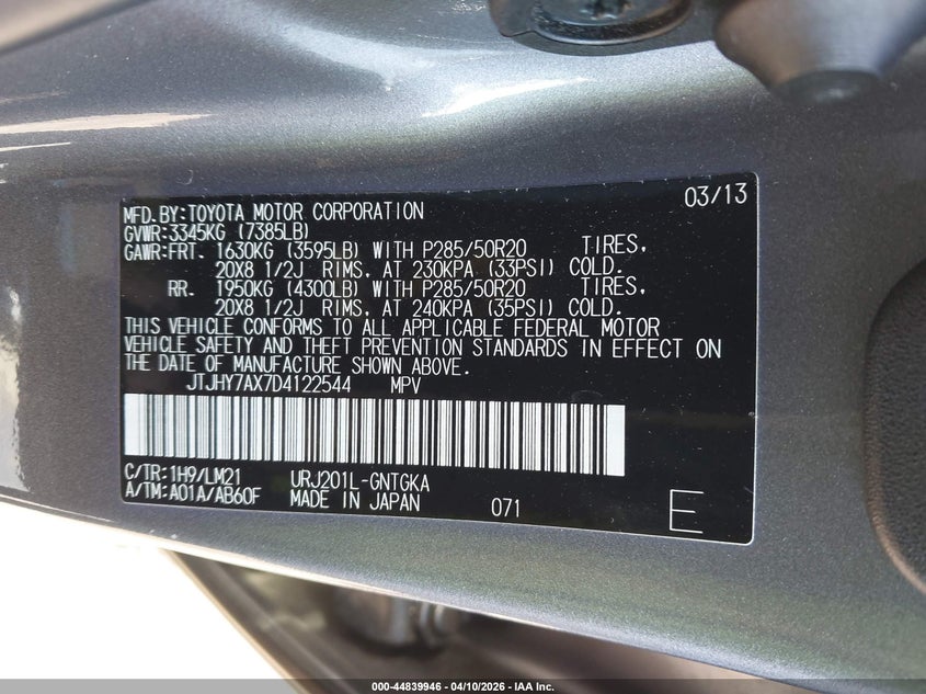 2013 Lexus Lx 570 VIN: JTJHY7AX7D4122544 Lot: 44839946