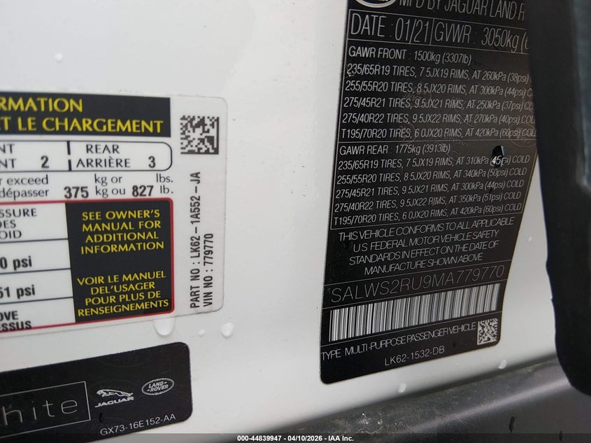 2021 Land Rover Range Rover Sport Hst Mhev VIN: SALWS2RU9MA779770 Lot: 44839947