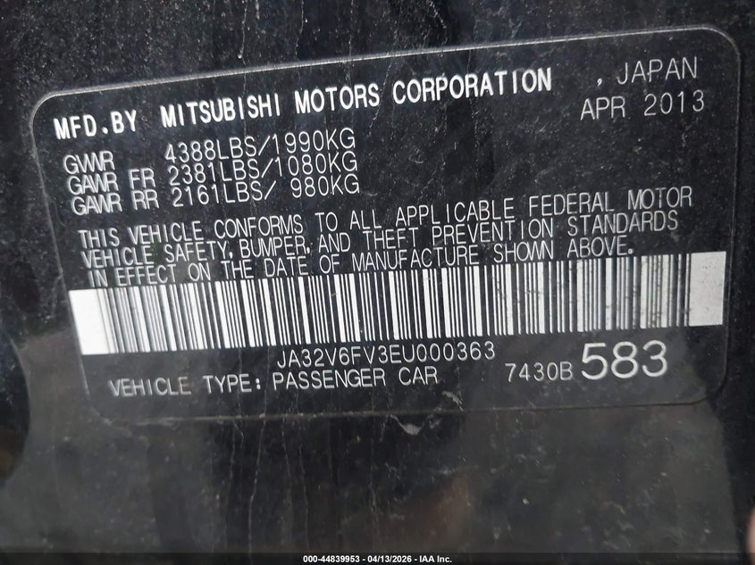 2014 Mitsubishi Lancer Ralliart VIN: JA32V6FV3EU000363 Lot: 44839953