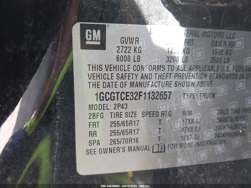 2015 Chevrolet Colorado Z71 VIN: 1GCGTCE32F1132657 Lot: 44839984