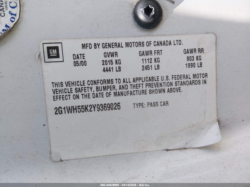 2000 Chevrolet Impala Ls VIN: 2G1WH55K2Y9369026 Lot: 44839995