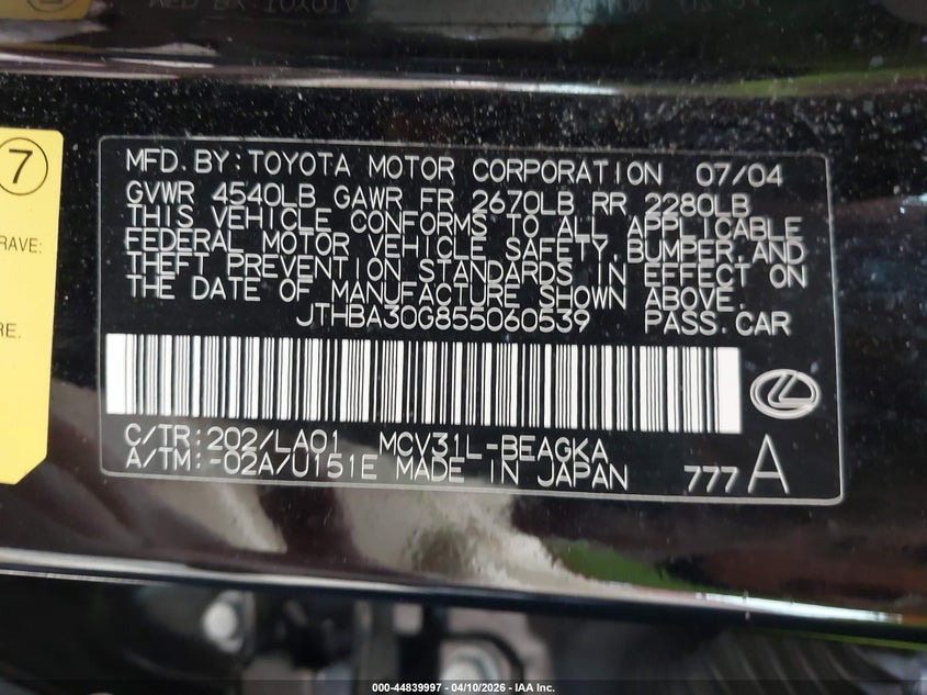 2005 Lexus Es 330 VIN: JTHBA30G855060539 Lot: 44839997