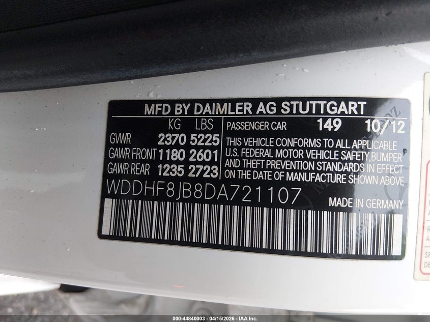 2013 Mercedes-Benz E 350 4Matic VIN: WDDHF8JB8DA721107 Lot: 44840003