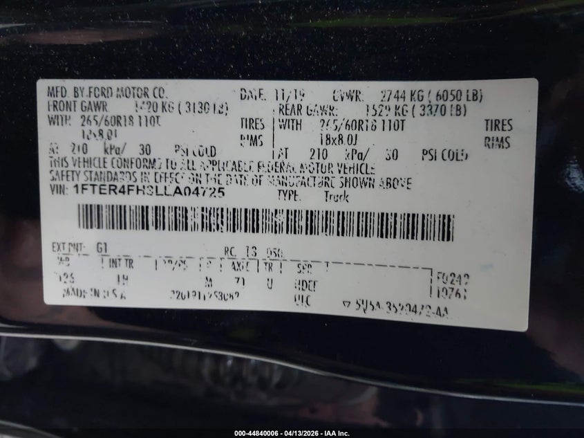 2020 Ford Ranger Xlt VIN: 1FTER4FH3LLA04725 Lot: 44840006