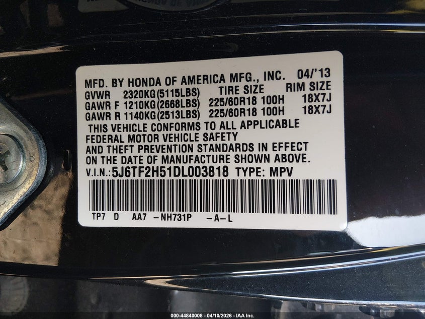 2013 Honda Crosstour Ex-L V6 VIN: 5J6TF2H51DL003818 Lot: 44840008