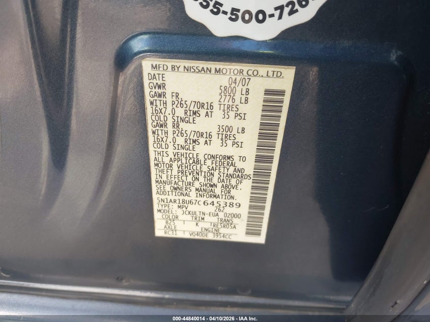 2007 Nissan Pathfinder Se VIN: 5N1AR18U67C645389 Lot: 44840014