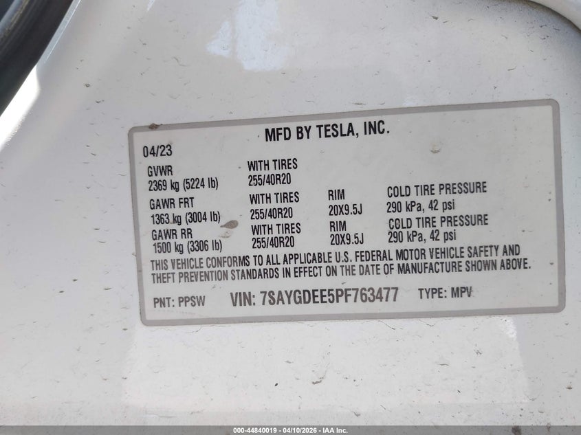 2023 Tesla Model y Awd/Long Range Dual Motor All-Wheel Drive white Lot 111044840019 Vin 7SAYGDEE5PF763477