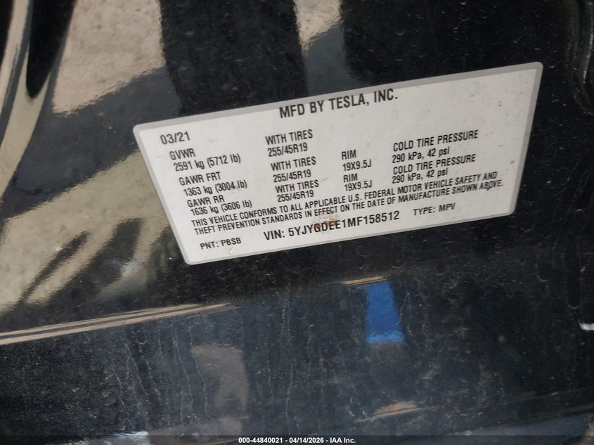 2021 Tesla Model Y Long Range Dual Motor All-Wheel Drive VIN: 5YJYGDEE1MF158512 Lot: 44840021