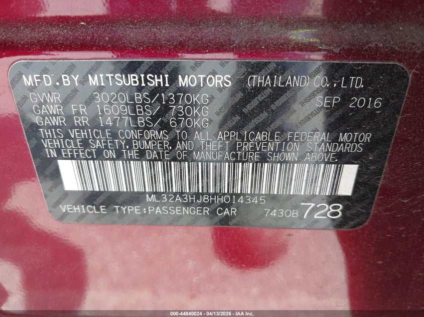 2017 Mitsubishi Mirage Es VIN: ML32A3HJ8HH014345 Lot: 44840024