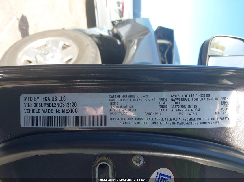 2022 Ram 2500 6.7 Ram Big Horn 4X4 6'4 Box grey Lot 111044840026 Vin 3C6UR5DL2NG313120