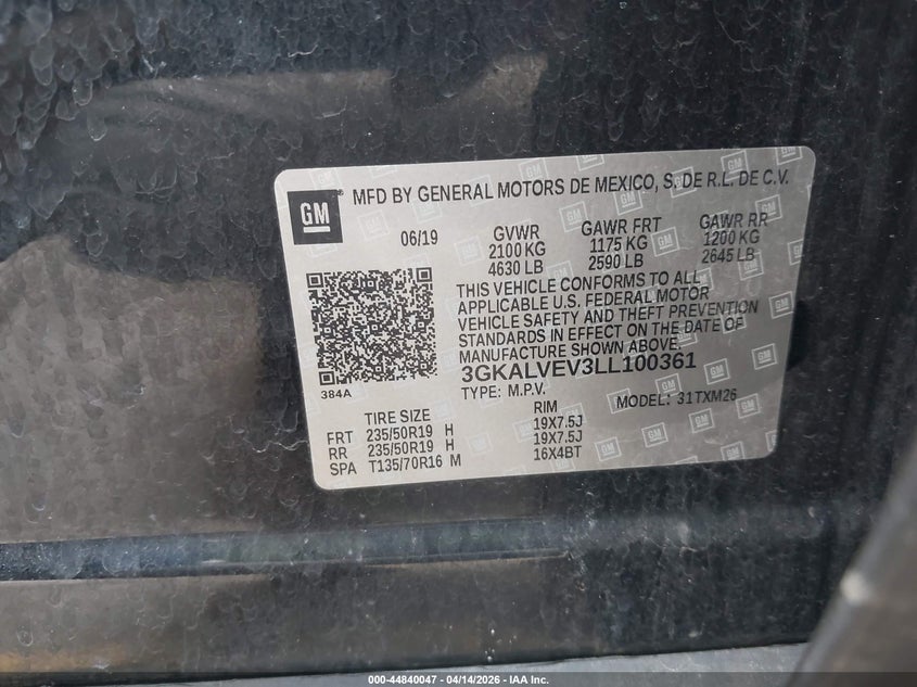 2020 GMC Terrain Awd Slt VIN: 3GKALVEV3LL100361 Lot: 44840047