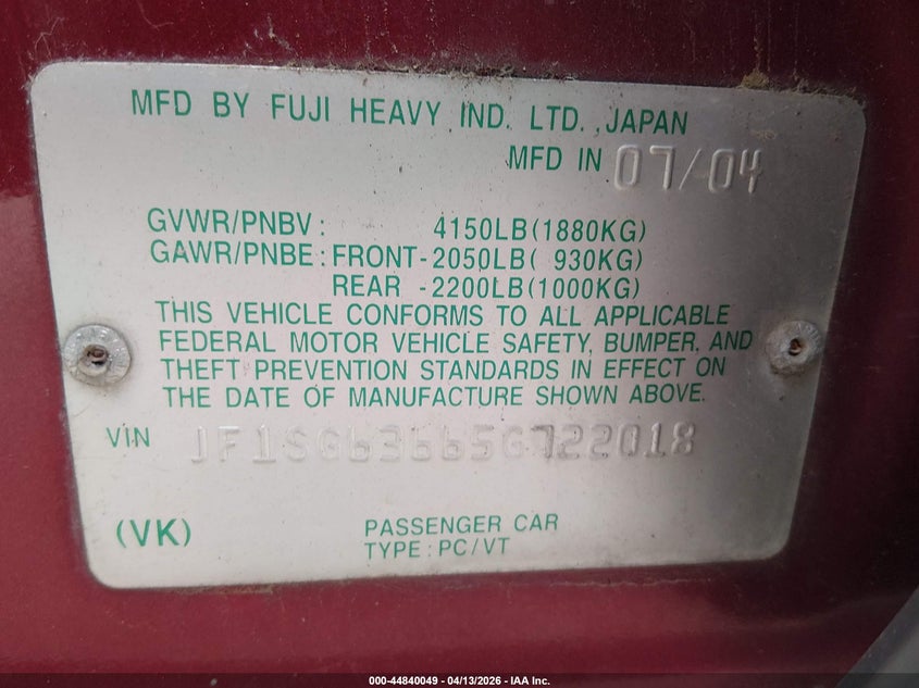 2005 Subaru Forester 2.5X VIN: JF1SG63665G722018 Lot: 44840049