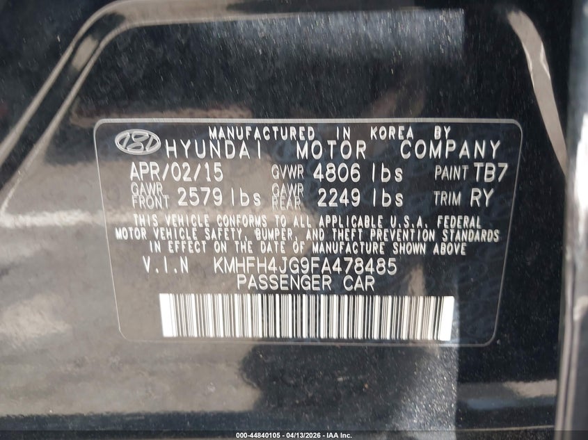 2015 Hyundai Azera Limited VIN: KMHFH4JG9FA478485 Lot: 44840105