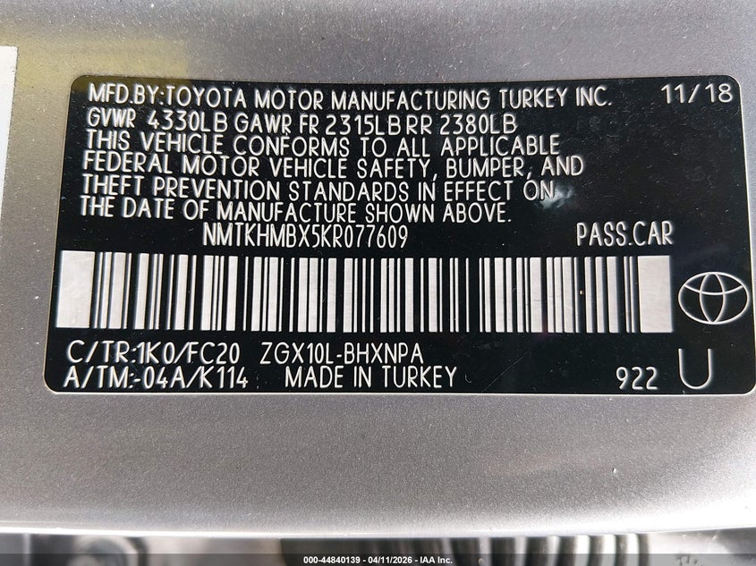 2019 Toyota C-Hr Le VIN: NMTKHMBX5KR077609 Lot: 44840139