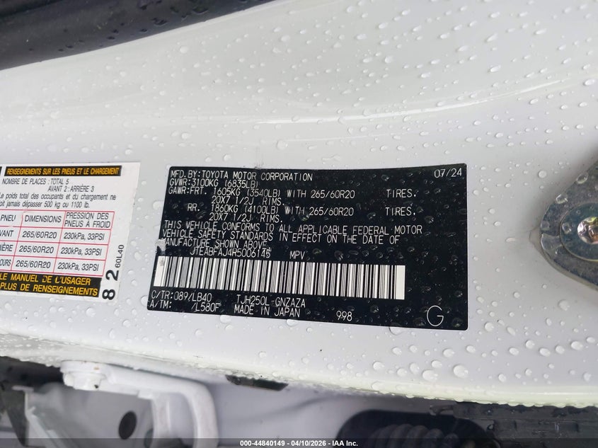 2024 Toyota Land Cruiser VIN: JTEABFAJ4R5006145 Lot: 44840149