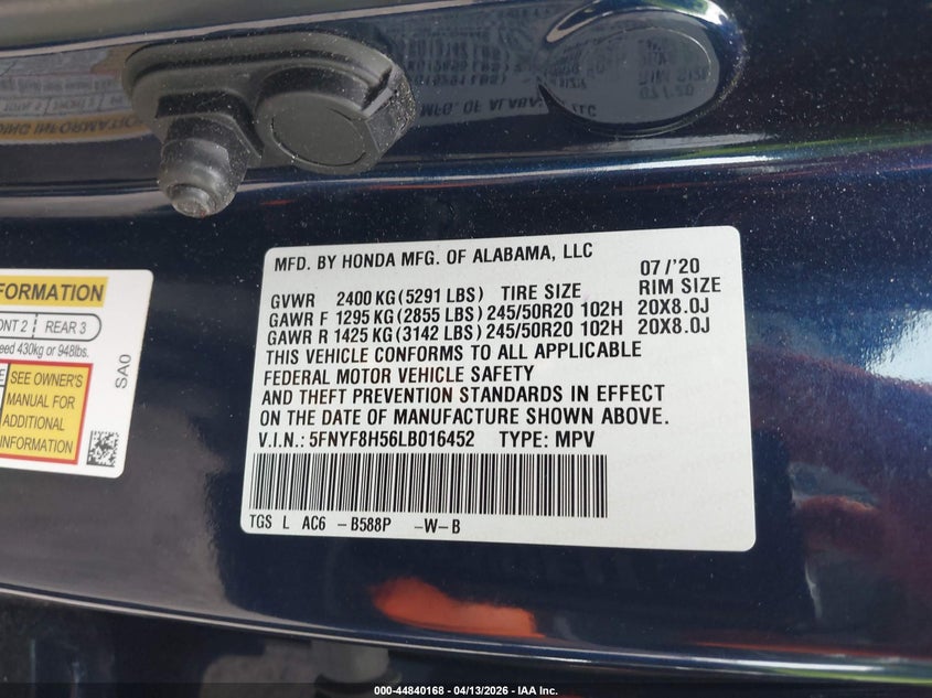 2020 Honda Passport Awd Ex-L VIN: 5FNYF8H56LB016452 Lot: 44840168
