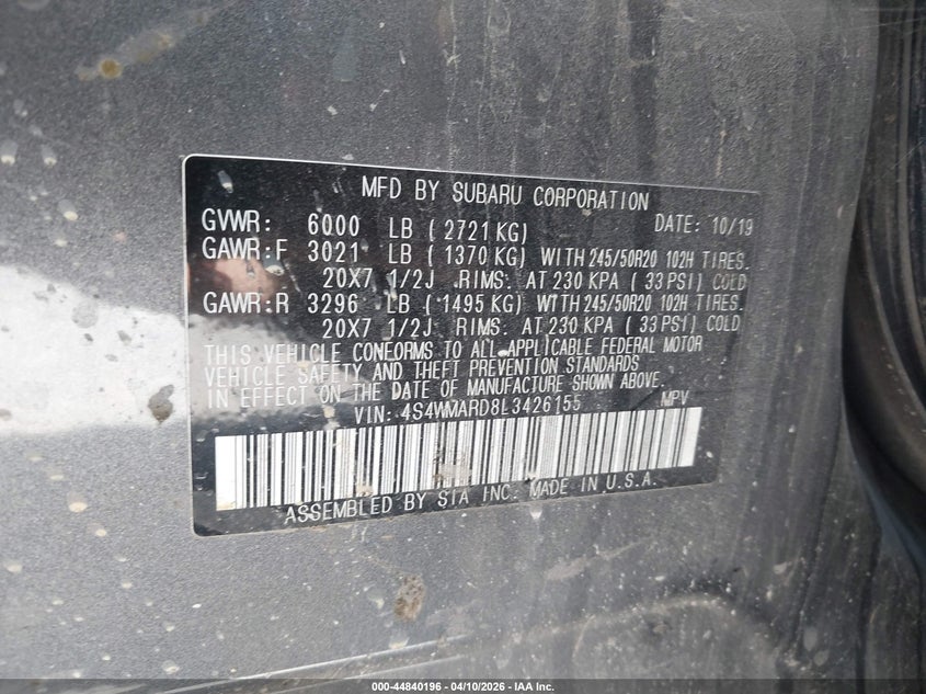 2020 Subaru Ascent Touring VIN: 4S4WMARD8L3426155 Lot: 44840196