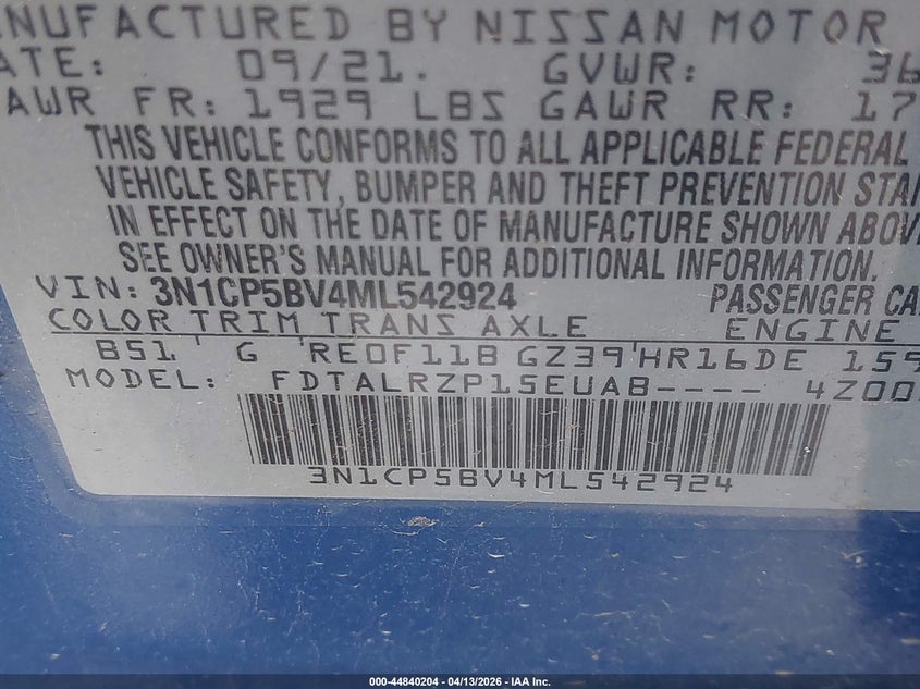 VIN 3N1CP5BV4ML542924 2021 NISSAN KICKS S XTRONIC CVT