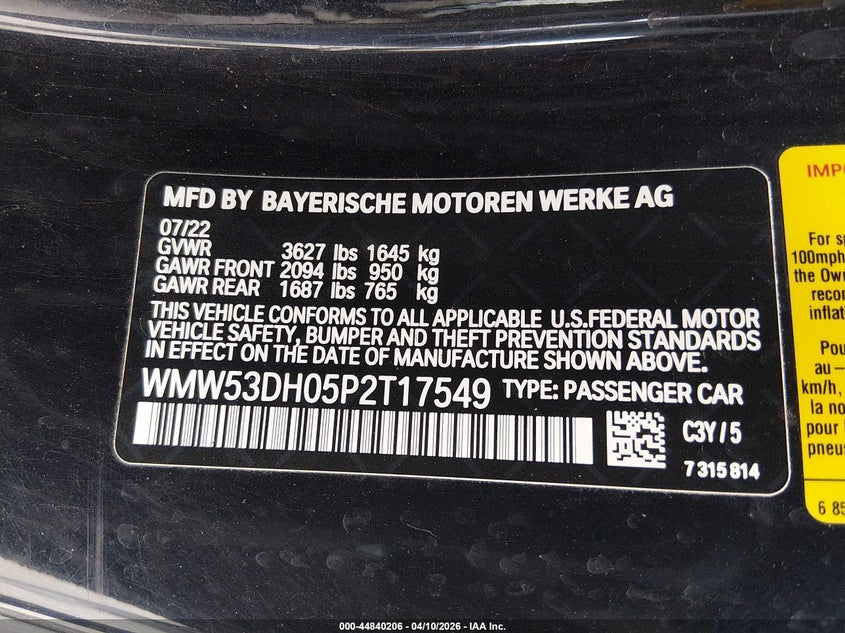 2023 Mini Hardtop Cooper S VIN: WMW53DH05P2T17549 Lot: 44840206