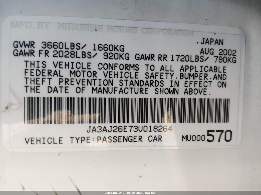 2003 Mitsubishi Lancer Es VIN: JA3AJ26E73U018264 Lot: 44840210
