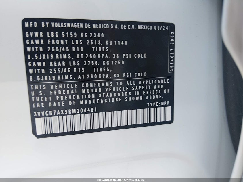 2024 Volkswagen Tiguan 2.0T Se R-Line Black VIN: 3VVCB7AX9RM204481 Lot: 44840216