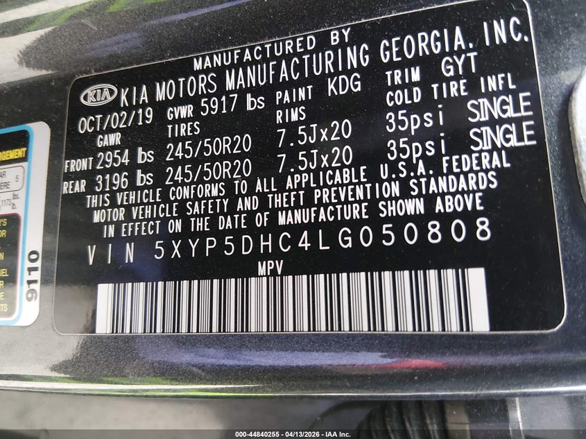 2020 Kia Telluride Sx VIN: 5XYP5DHC4LG050808 Lot: 44840255