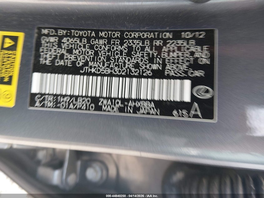 2013 Lexus Ct 200H VIN: JTHKD5BH3D2132126 Lot: 44840258