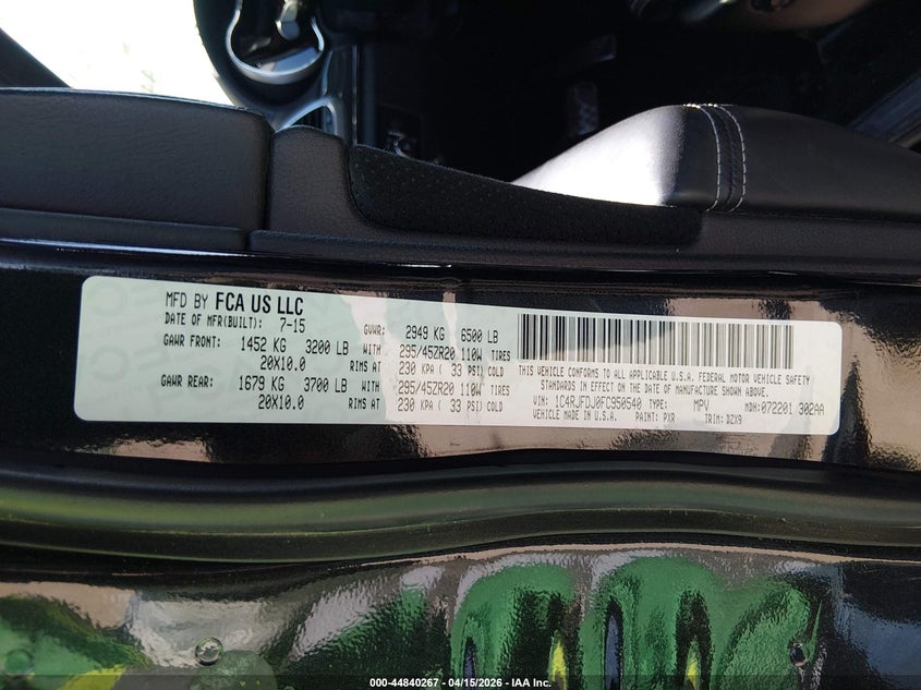 2015 Jeep Grand Cherokee Srt VIN: 1C4RJFDJ0FC950540 Lot: 44840267