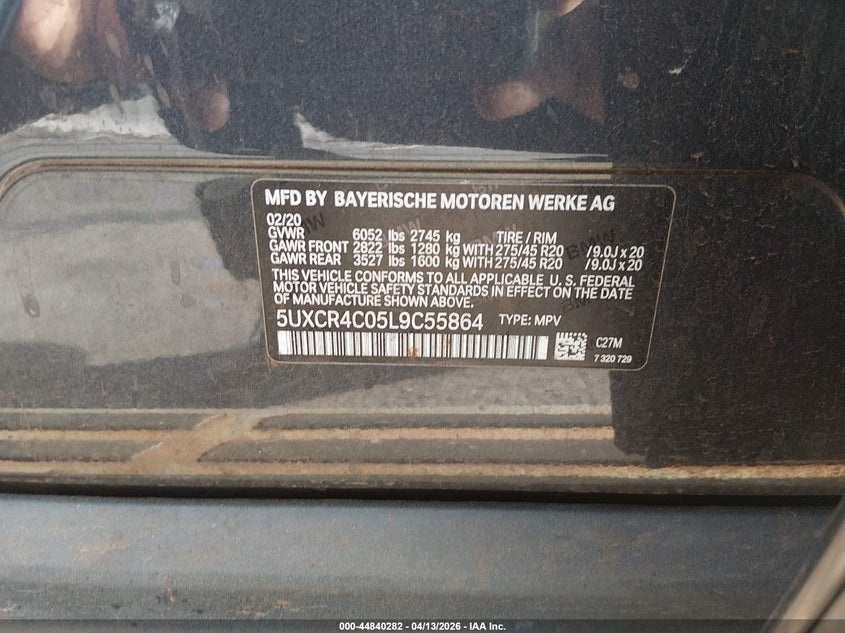 2020 BMW X5 Sdrive40I VIN: 5UXCR4C05L9C55864 Lot: 44840282