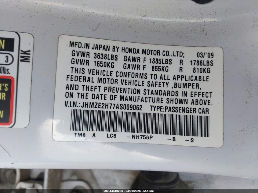 2010 HONDA INSIGHT HATCHBACK 1.3L I-4 VVT, 88HP