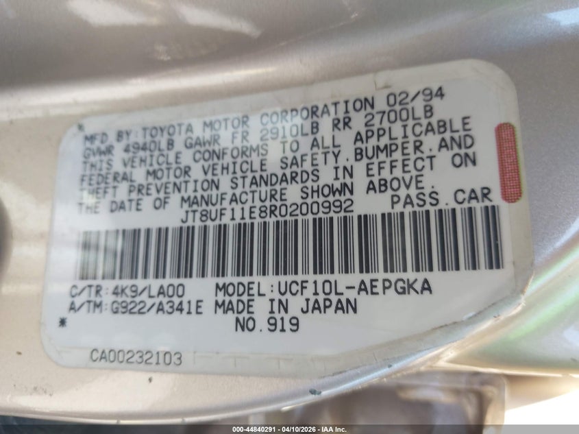 1994 Lexus Ls 400 VIN: JT8UF11E8R0200992 Lot: 44840291