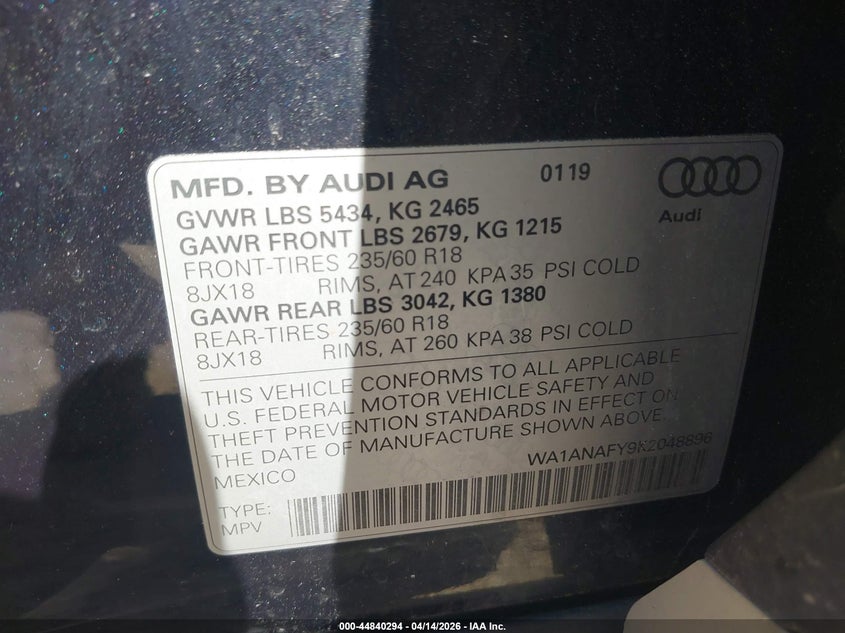 2019 Audi Q5 45 Premium VIN: WA1ANAFY9K2048896 Lot: 44840294