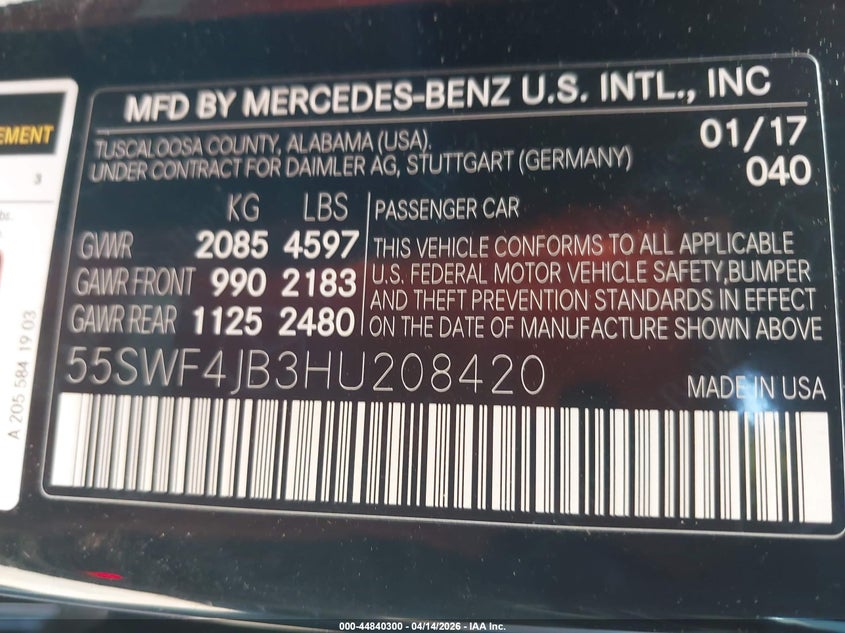 2017 Mercedes-Benz C 300 VIN: 55SWF4JB3HU208420 Lot: 44840300